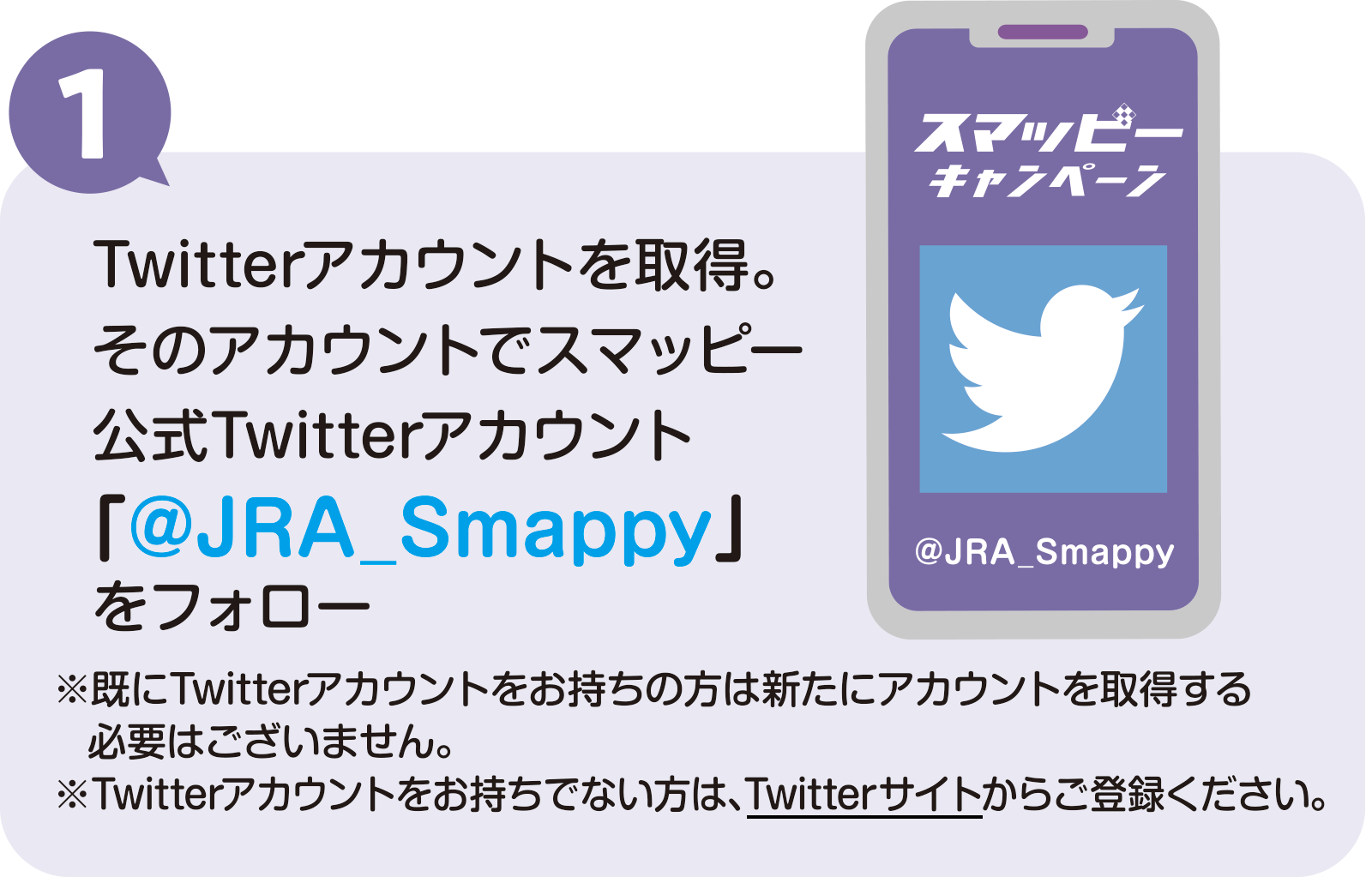 
			1
			スマッピー公式Twitterアカウント「@JRA_Smappy」をフォロー
			※既にTwitterアカウントをお持ちの方は新たにアカウントを取得する必要はございません。
			※Twitterアカウントをお持ちでない方は、Twitterサイトからご登録ください。
			